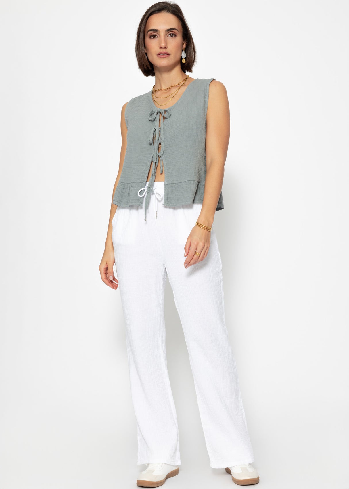 Muslin top with bow closure - gray