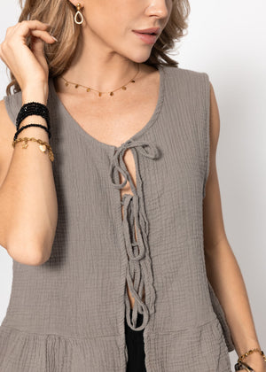 Musselin Top mit Schleifenverschluss - taupe