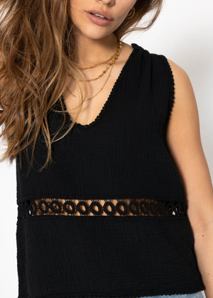 Muslin top with lace trim - black