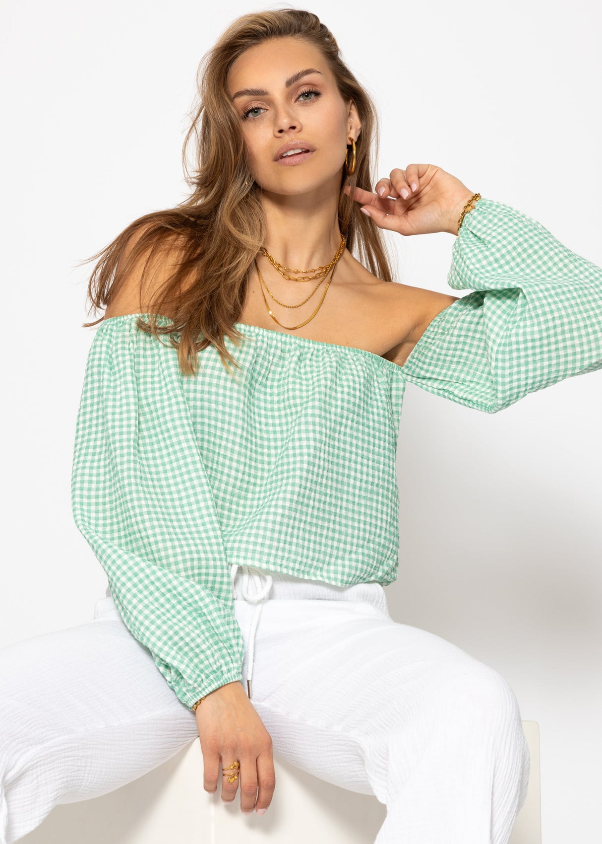 Musselin Top mit Vichy-Print, schulterfrei - salbeigrün-weiß