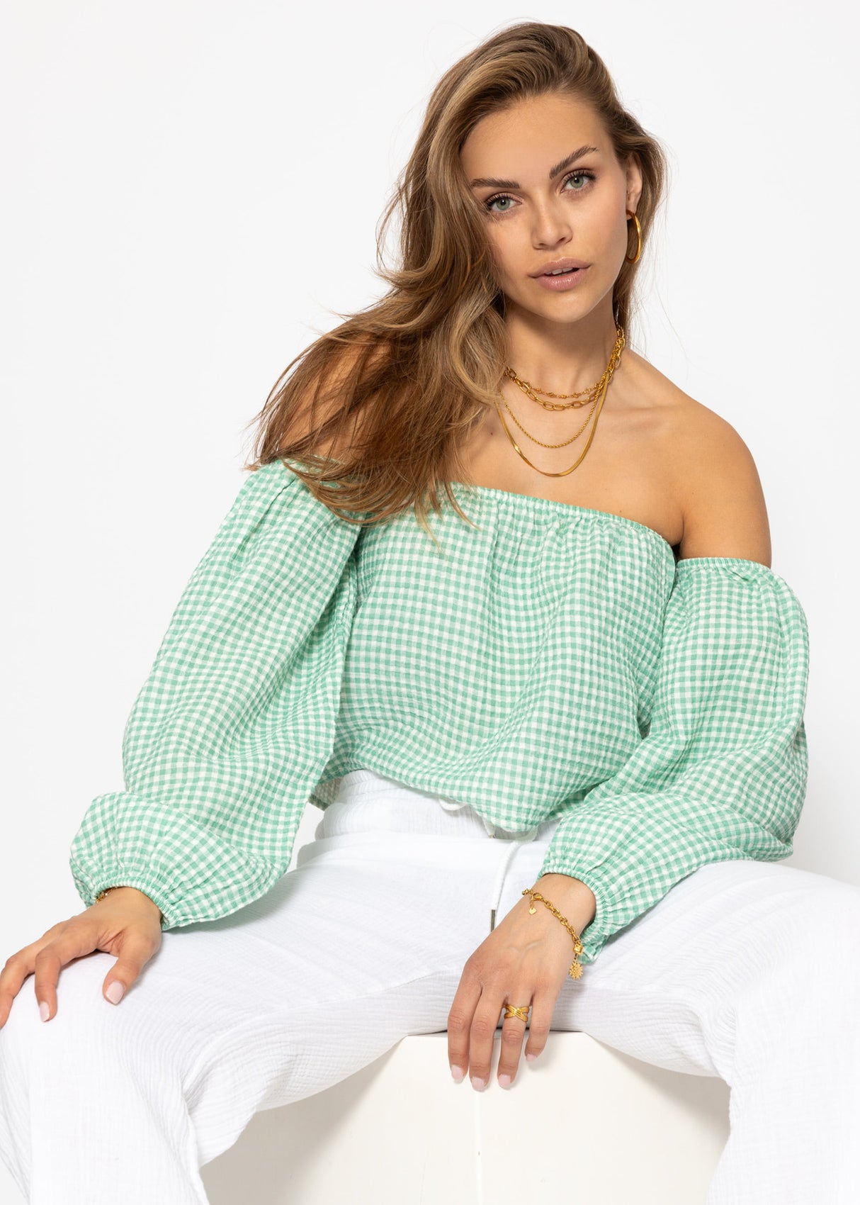 Musselin Top mit Vichy-Print, schulterfrei - salbeigrün-weiß