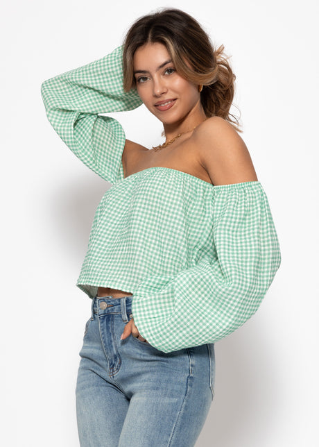 Musselin Top mit Vichy-Print, schulterfrei - salbeigrün-weiß von SASSYCLASSY