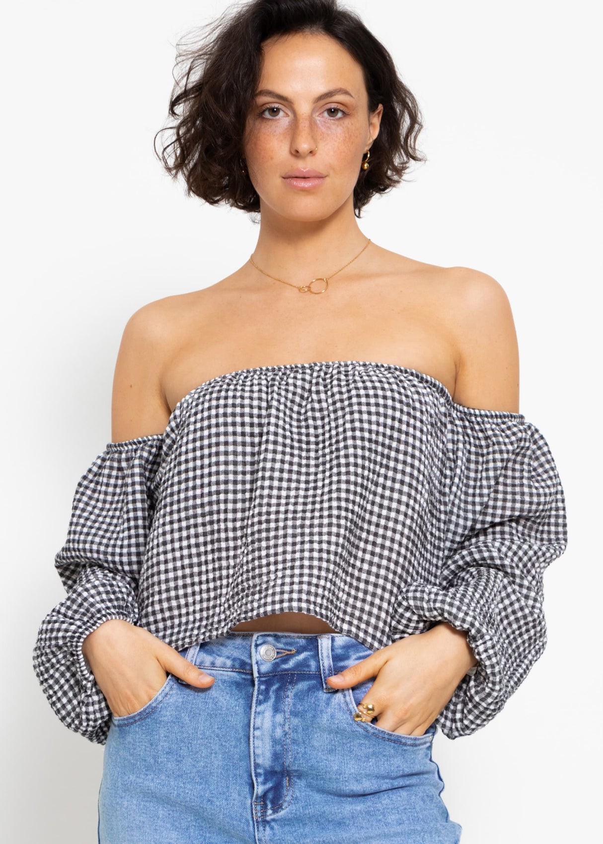 Musselin Top mit Vichy-Print, schulterfrei - schwarz-weiß