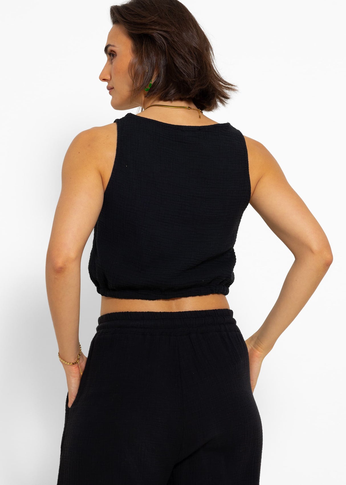 Musselin Top mit Zugband - schwarz