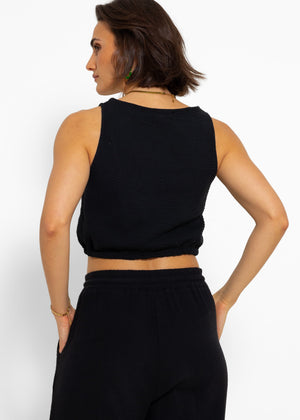 Musselin Top mit Zugband - schwarz