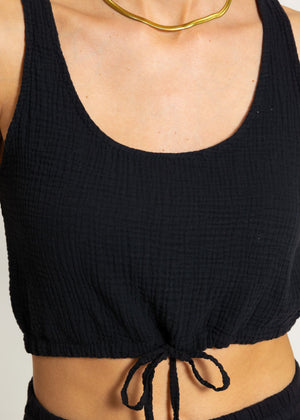 Musselin Top mit Zugband - schwarz