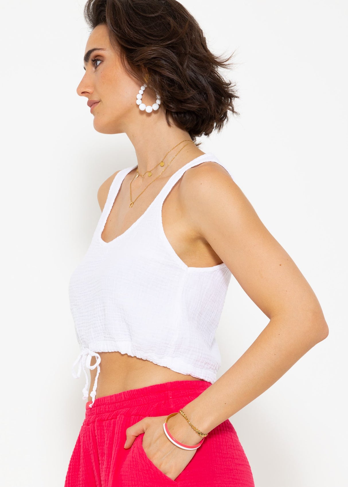 Musselin Top mit Zugband - weiß