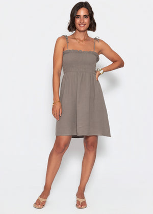 Musselin Kleid mit Smok-Oberteil und Schleifenträgern - taupe