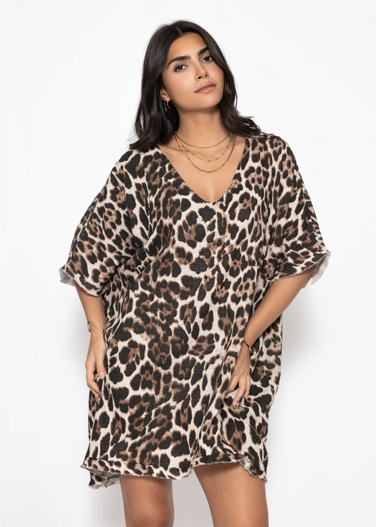 Musselin Tunika Long mit V-Ausschnitt - Taupe Musselin Tunika Long mit V-Ausschnitt - Taupe