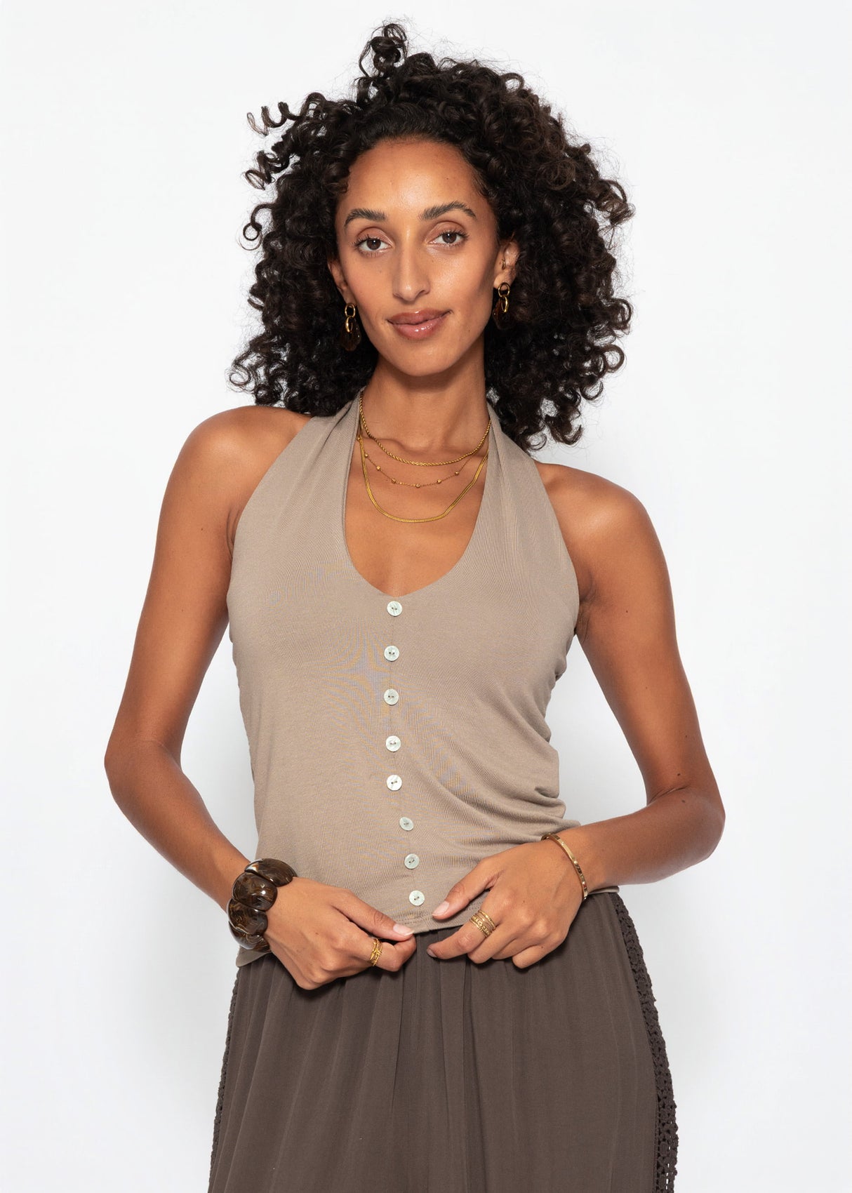 Neckholder-Top mit Zierknöpfe - taupe