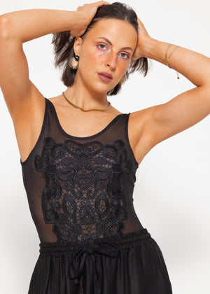 Netz Body mit Stickerei, schwarz