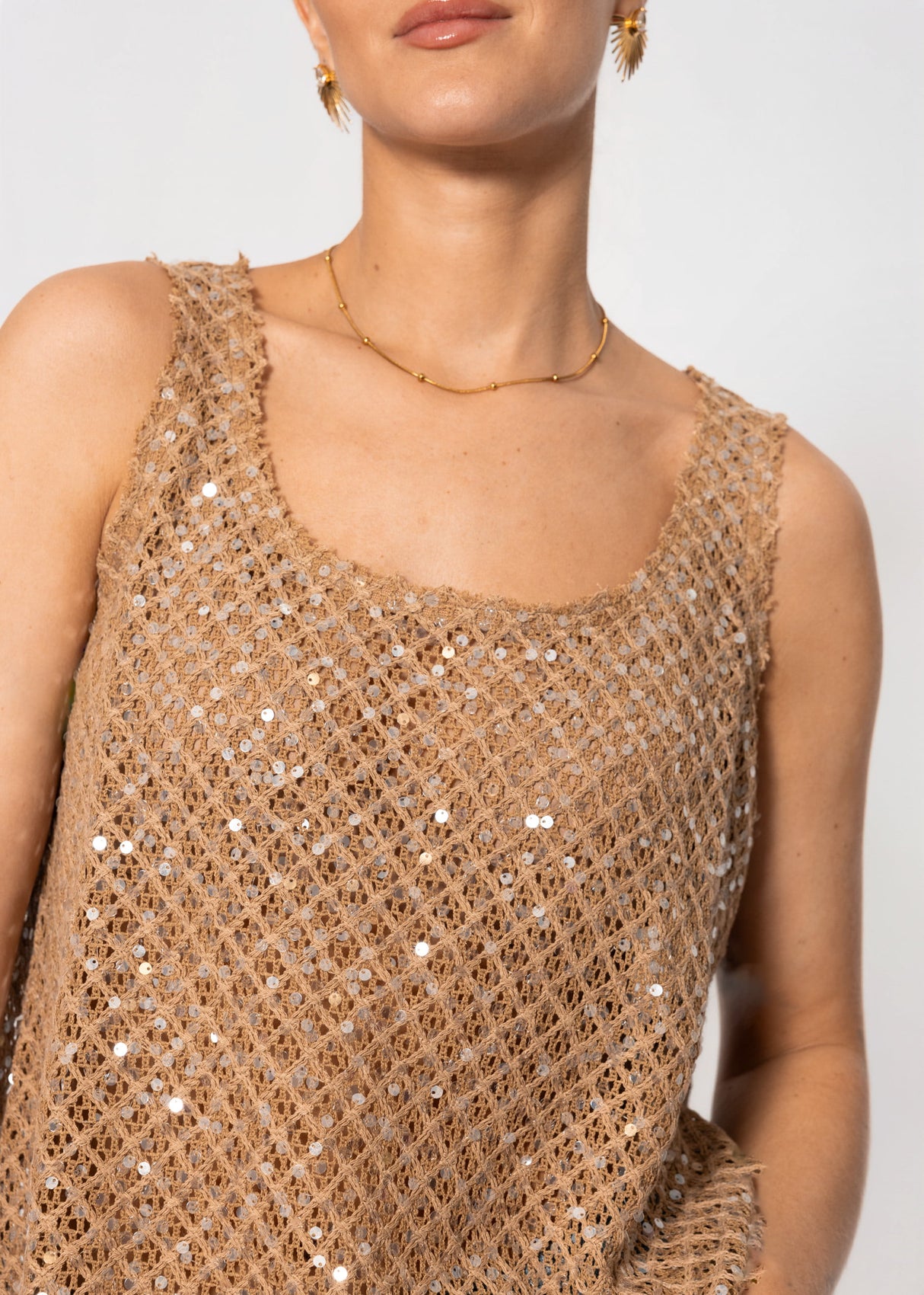 Netz-Top mit Pailletten - beige