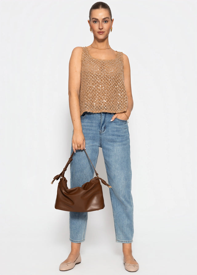 Mesh top with sequins - beige
