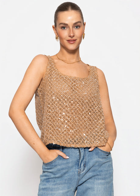 Mesh top with sequins - beige