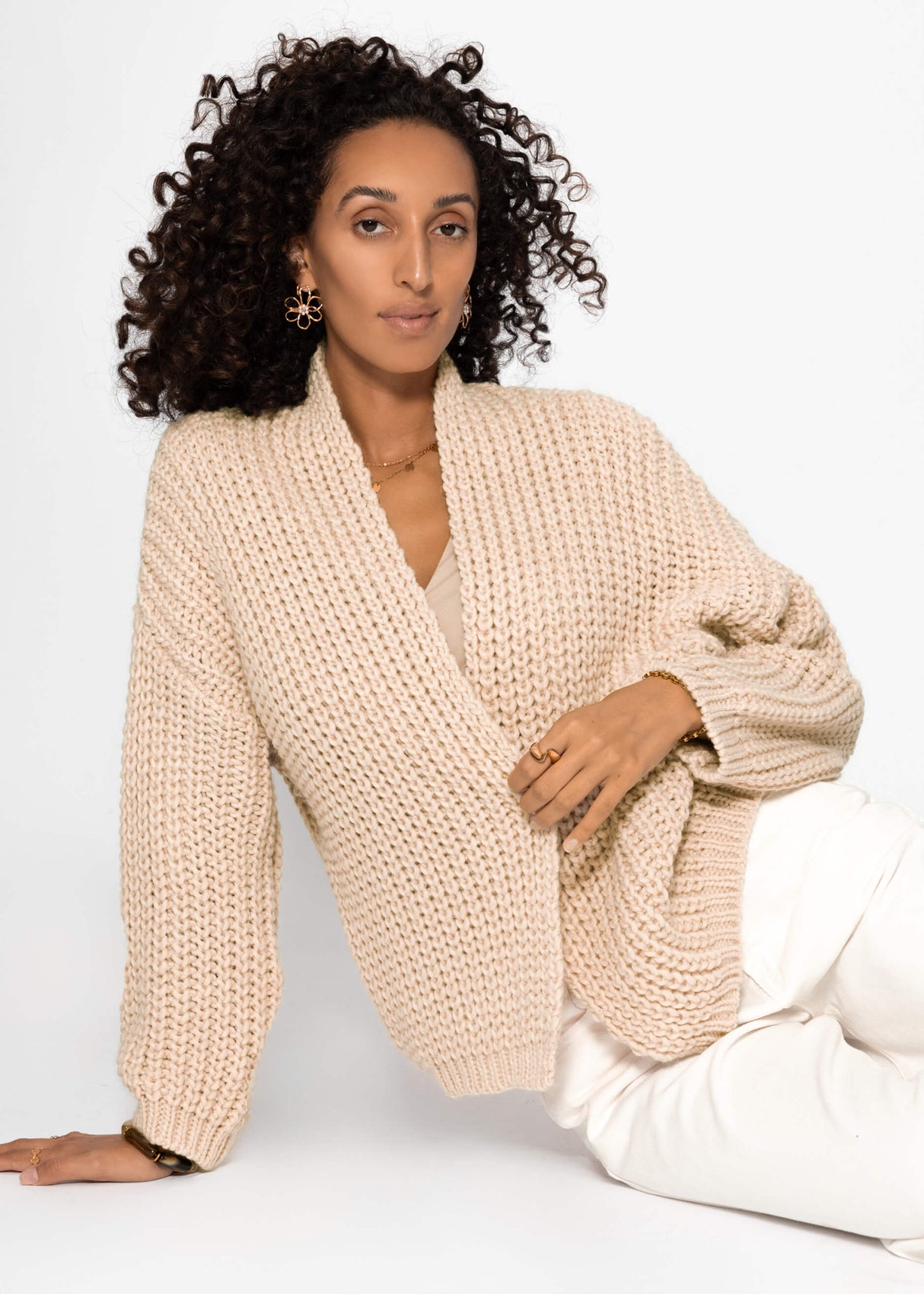 Offener Grobstrick-Cardigan - beige