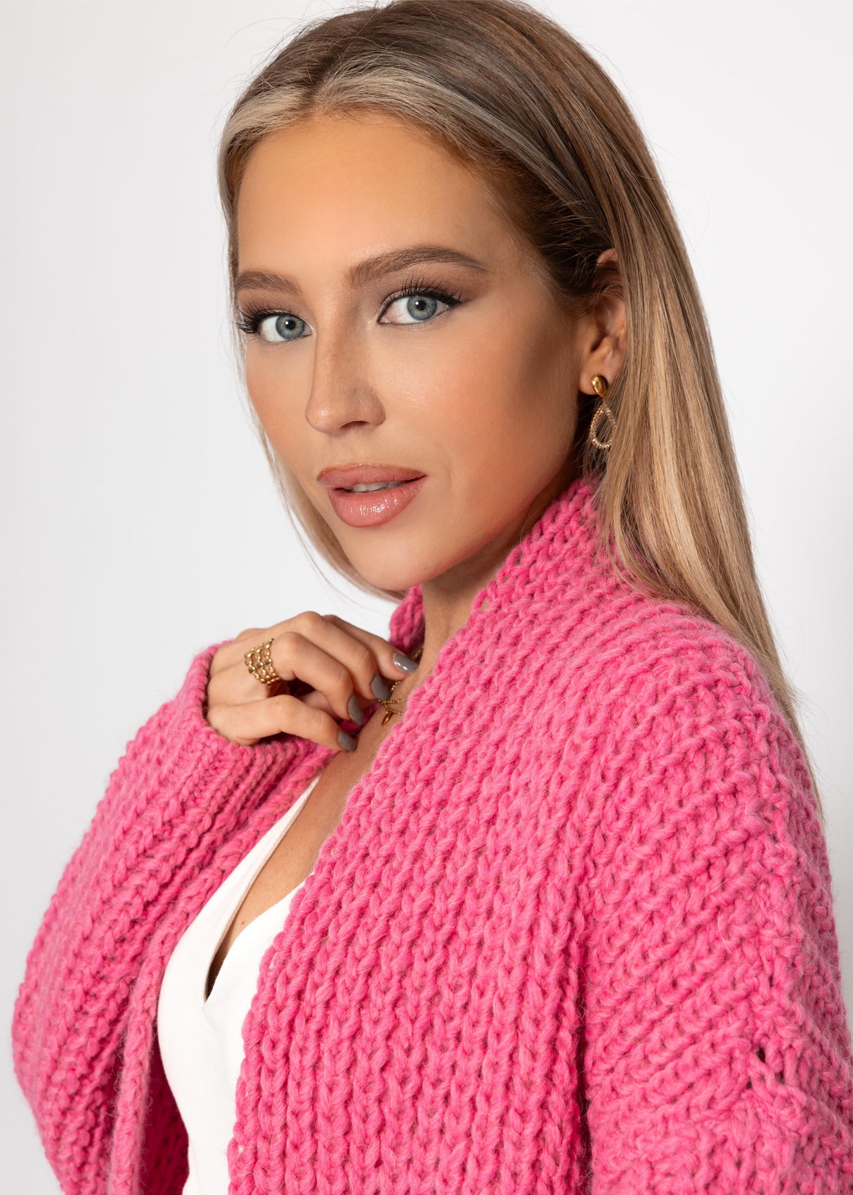 Offener Grobstrick-Cardigan - pink