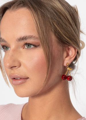 Stud earrings with cherry pendant - red