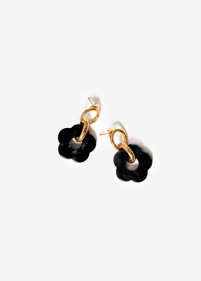 Stud earrings with black flower pendant - gold