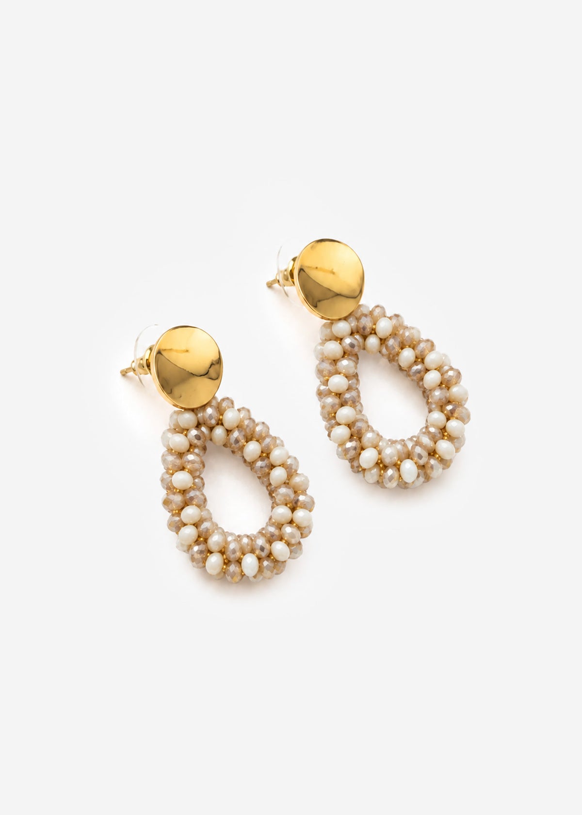 Ohrstecker Tropfenform mit Glasperlen - beige-weiß-gold