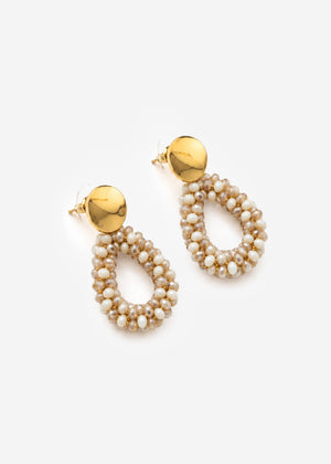 Ohrstecker Tropfenform mit Glasperlen - beige-weiß-gold