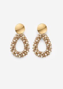 Teardrop stud earrings with glass beads - beige-white-gold