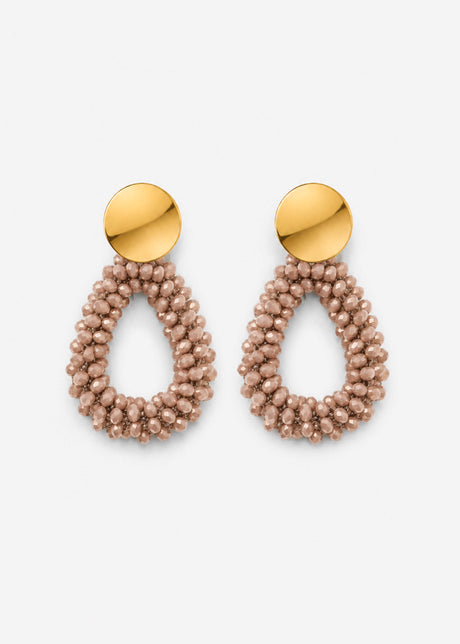 Ohrstecker Tropfenform mit Glasperlen - gold-beige