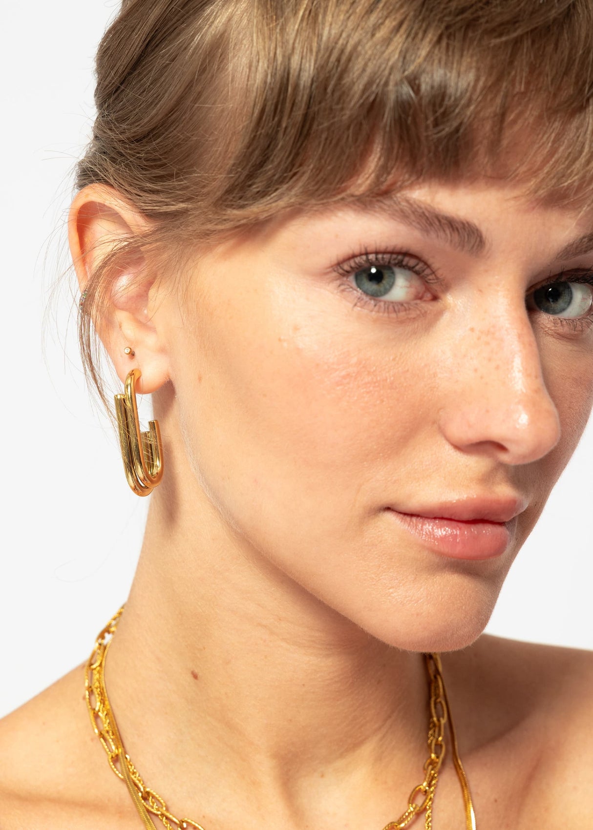 Oval, double half-creole earrings - gold