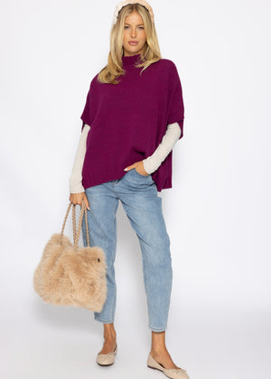 Oversize, ärmelloser Poncho mit Turtleneck - plum