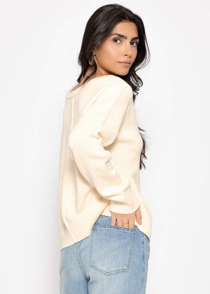 Oversized cotton sweater with back seam - cream