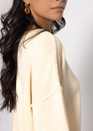 Oversized cotton sweater with back seam - cream