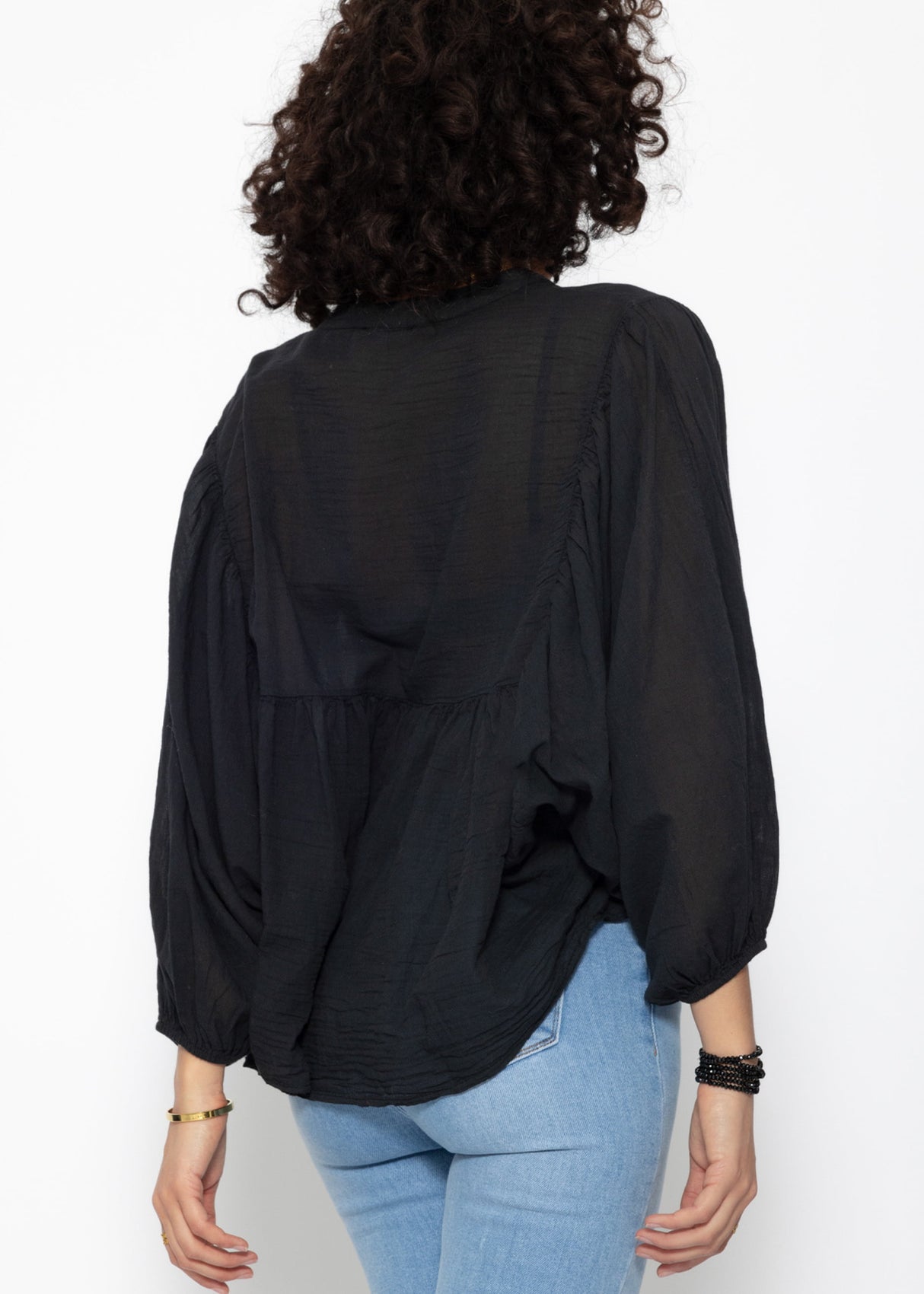 Oversize Baumwoll Voile Bluse - schwarz