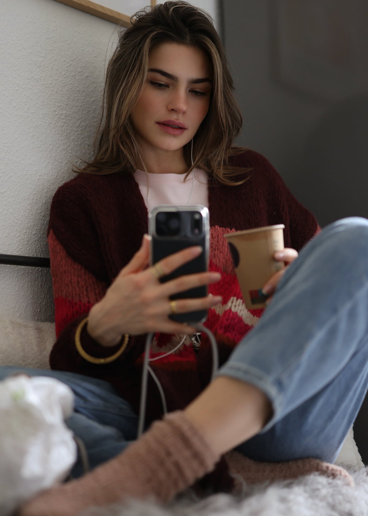 Oversize Cardigan mit Multicolor Streifen - burgundy