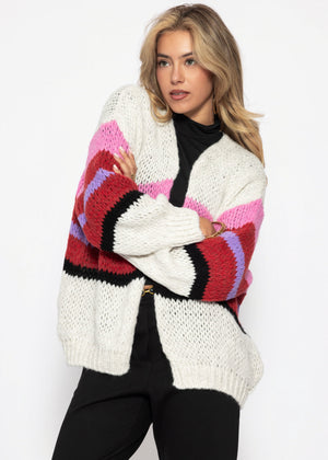 Oversize Cardigan mit Multicolor Streifen - hellgrau