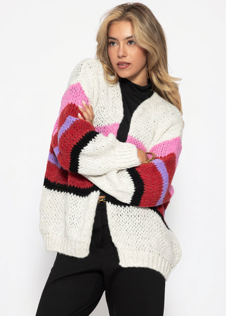 Oversize Cardigan mit Multicolor Streifen - hellgrau