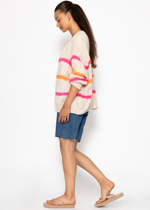 Oversize Cardigan mit pink und orange Streifen, offwhite