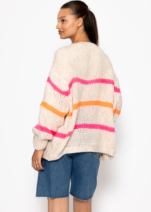 Oversize Cardigan mit pink und orange Streifen, offwhite