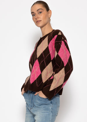 Oversize Cardigan mit Rautenmuster - braun-pink