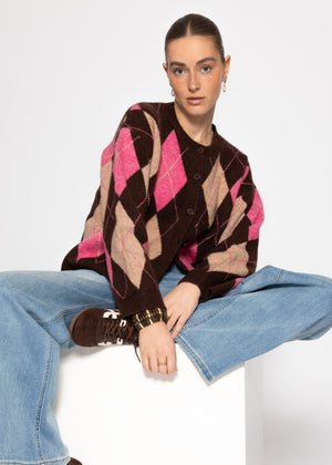 Oversize Cardigan mit Rautenmuster - braun-pink