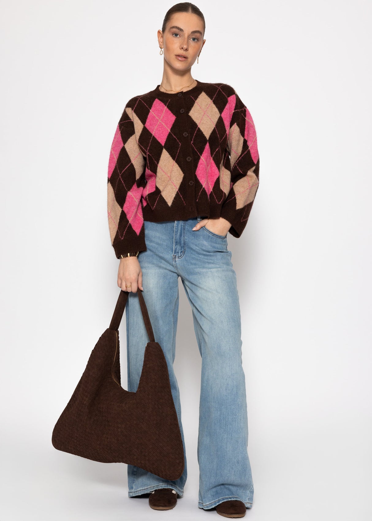 Oversize Cardigan mit Rautenmuster - braun-pink