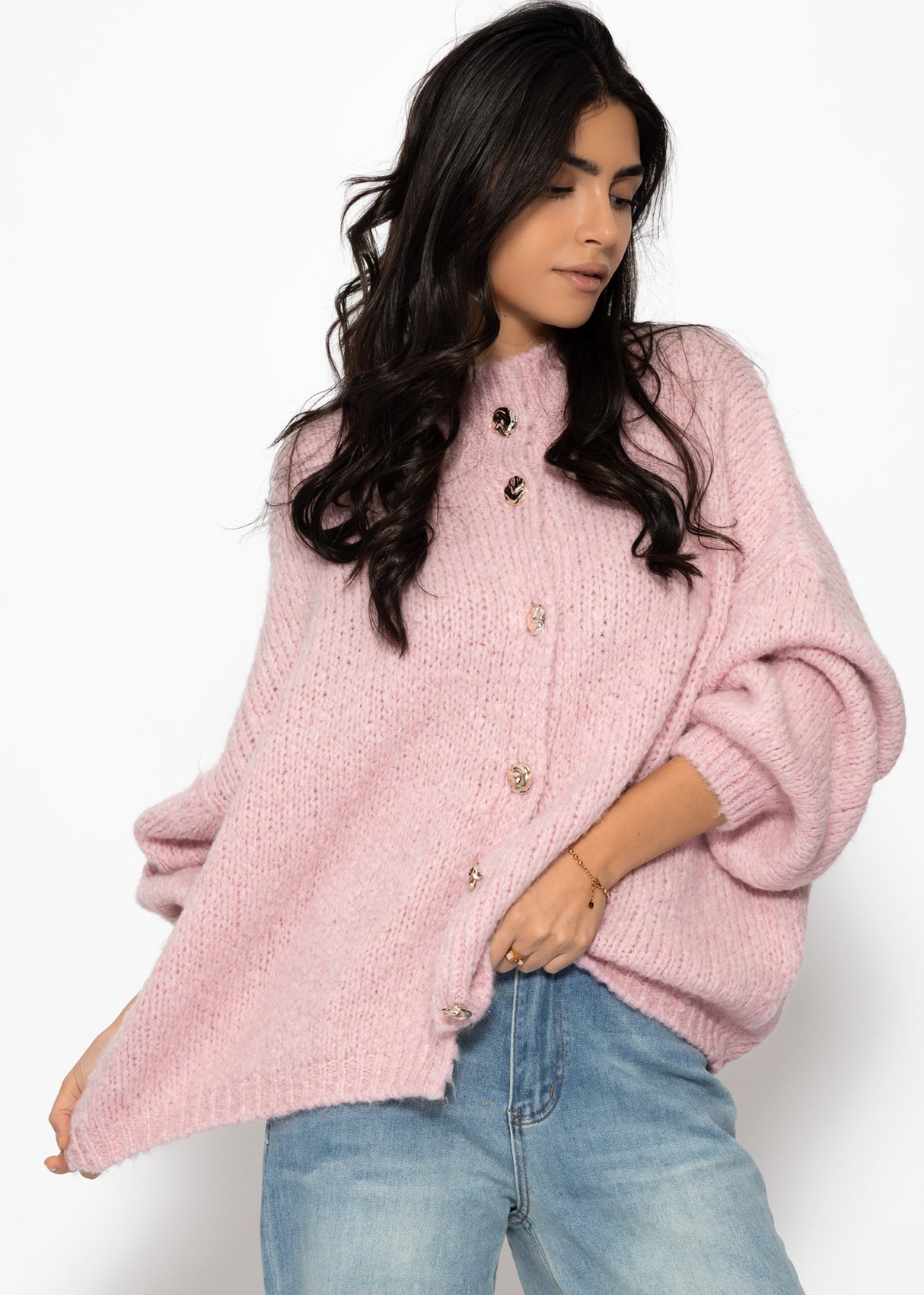Oversize Cardigan mit Schmuckknöpfen - rosa
