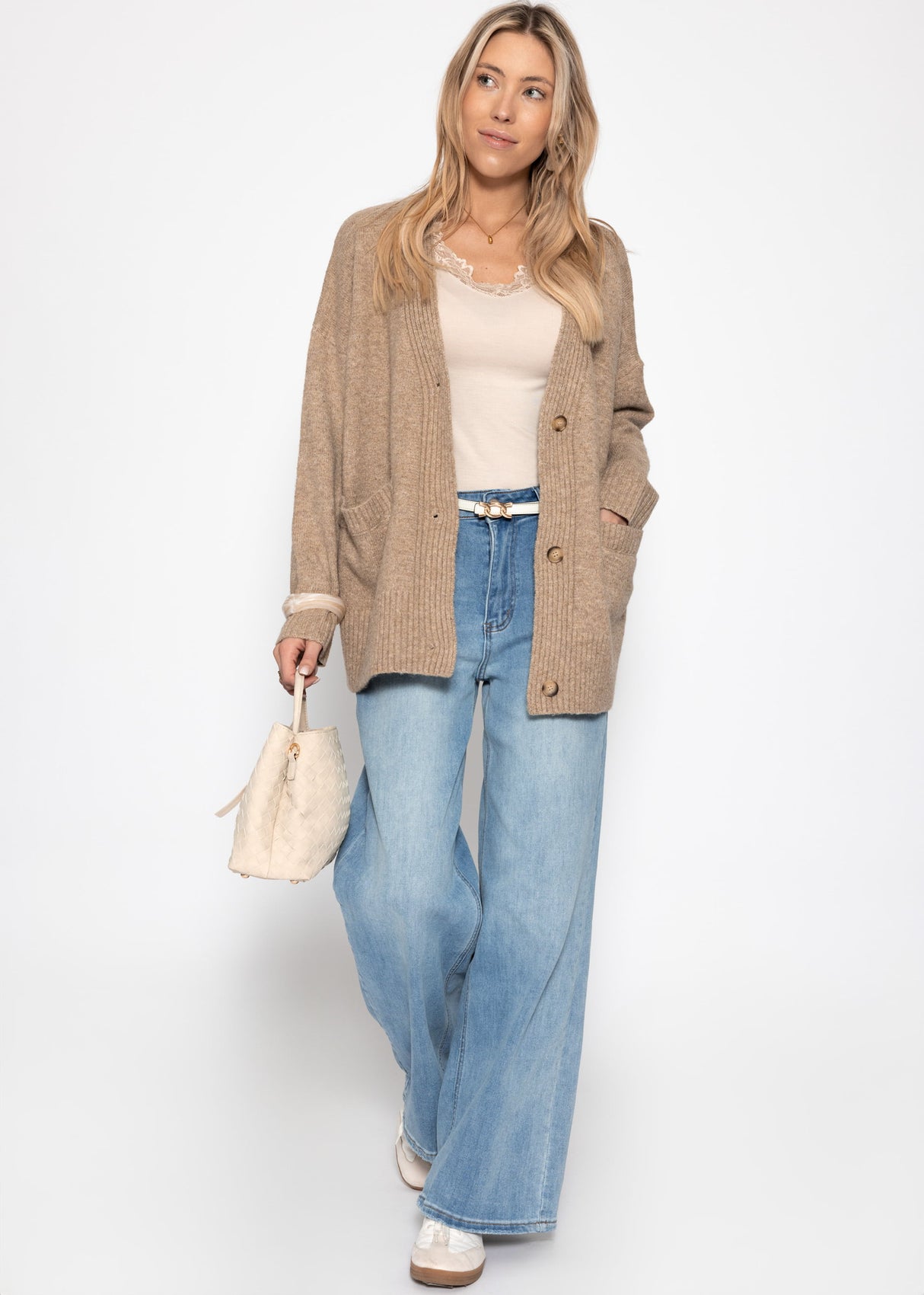 Oversized cardigan with pockets - taupe