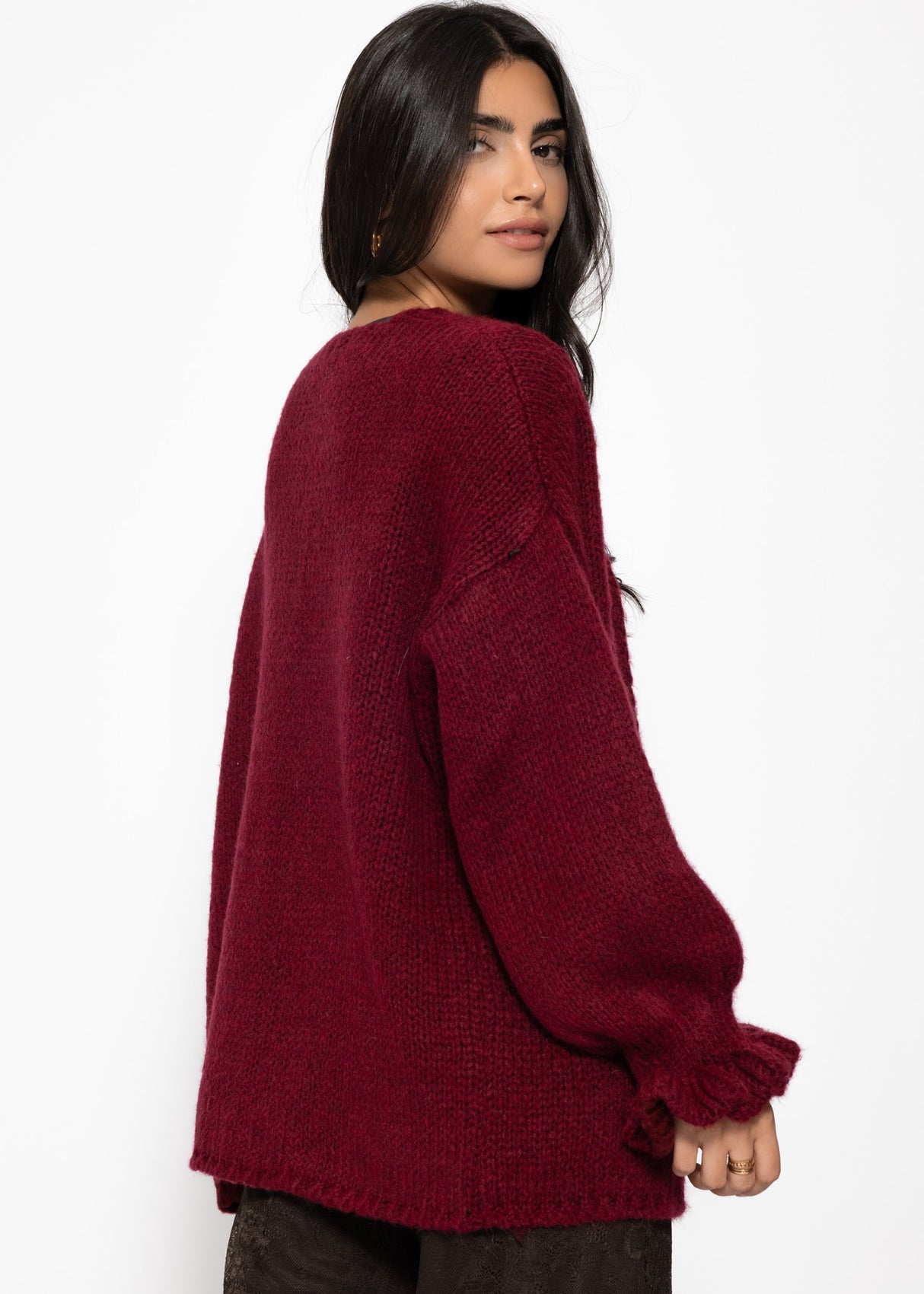 Oversized cardigan with flounce sleeves - burgundy
