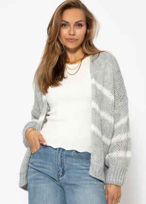 Oversize Cardigan mit weißen Streifen, hellgrau
