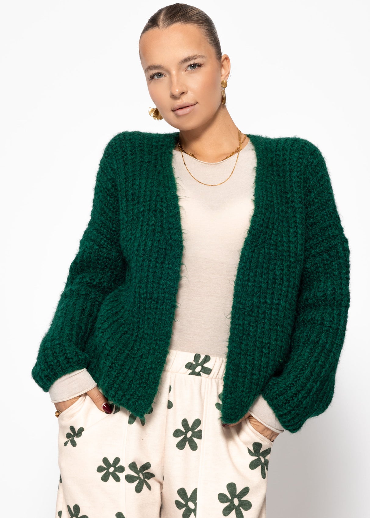 Oversize Cardigan mit Rippenstruktur - dunkelgrün
