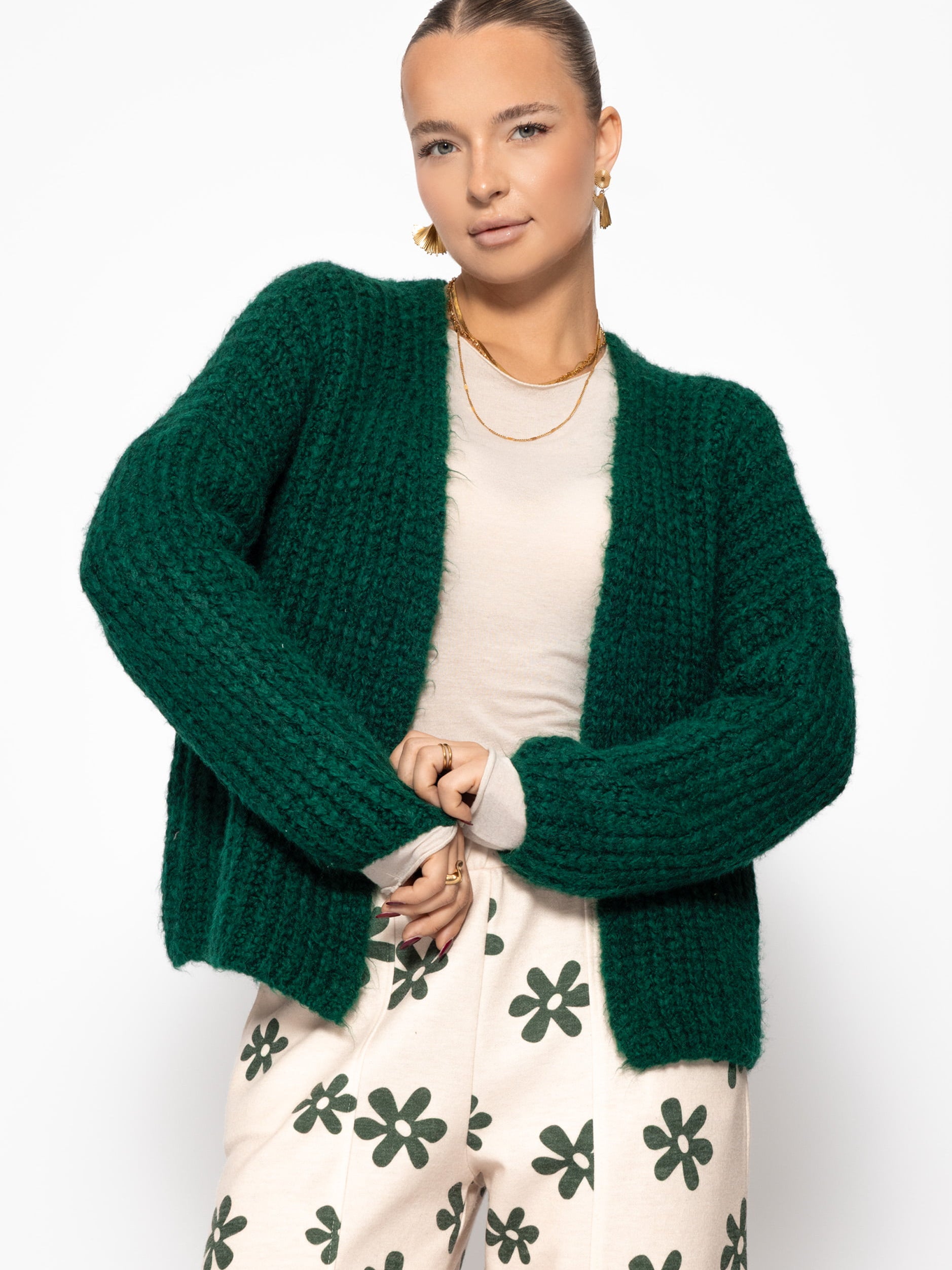 Oversized cardigan with ribbed texture - dark green