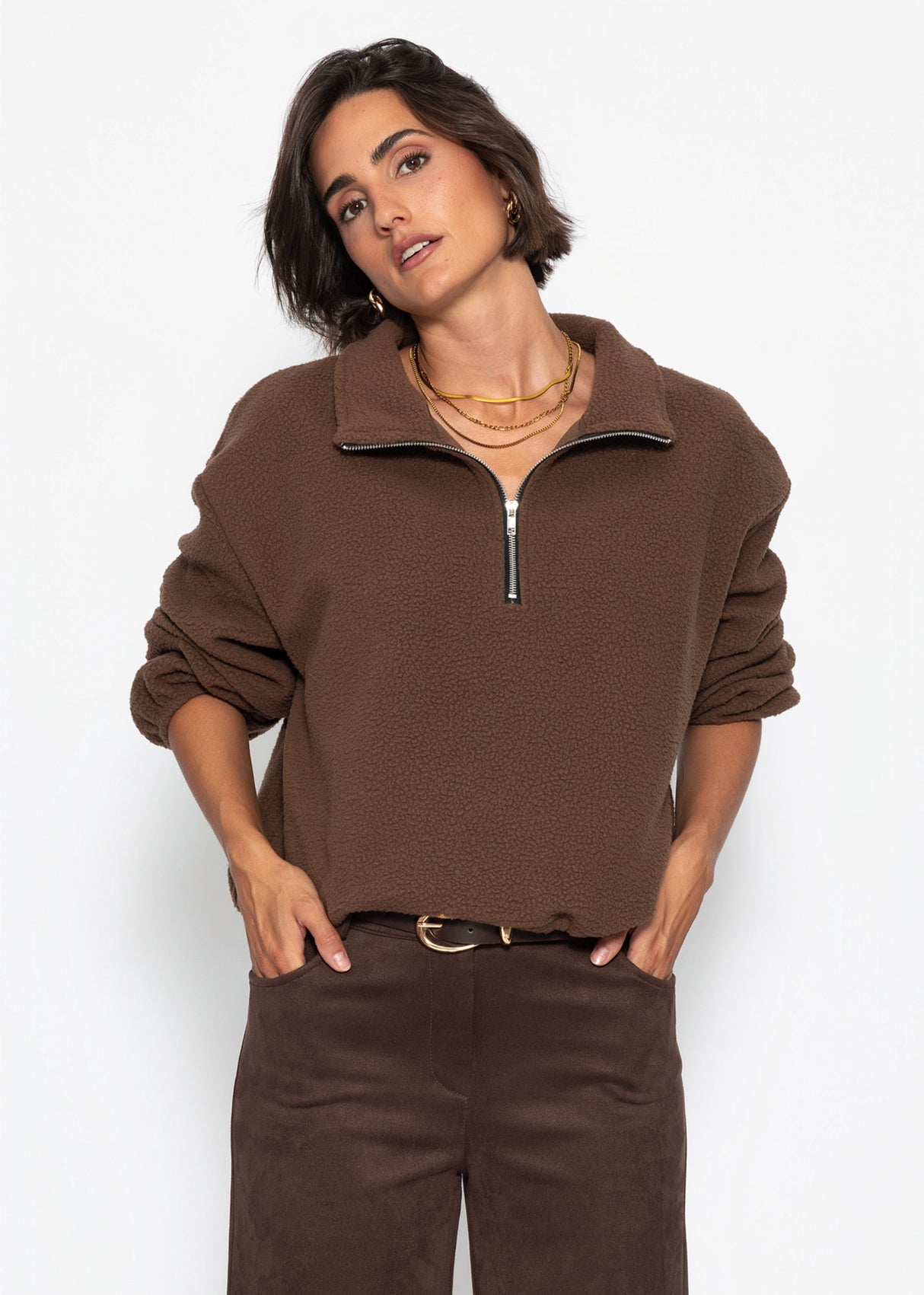 Oversize Fleece Sweatshirt mit Reißverschluss - braun