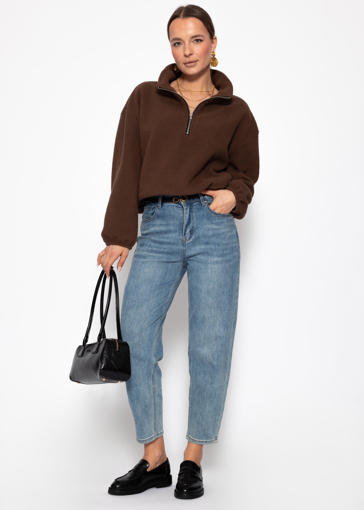 Oversized fleece sweatshirt with zipper - brown
