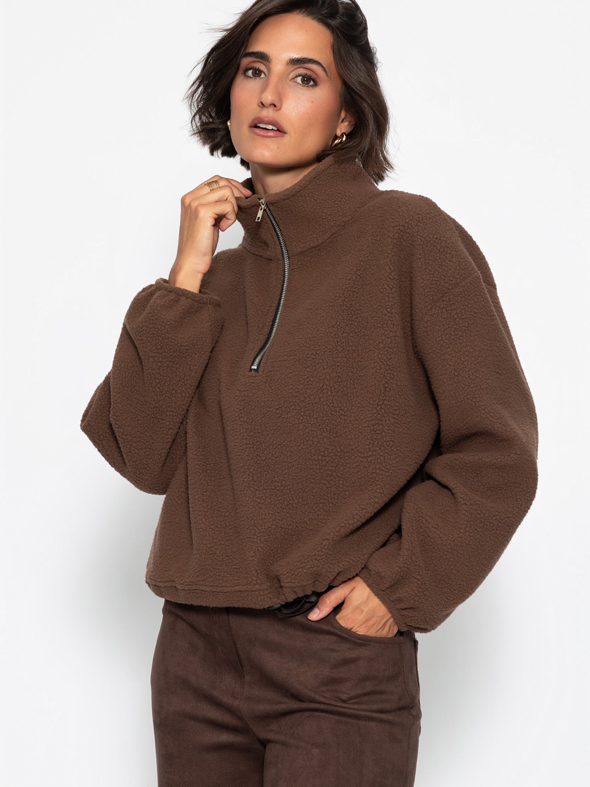 Oversize Fleece Sweatshirt mit Reißverschluss - braun