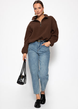 Oversized fleece sweatshirt with zipper - brown