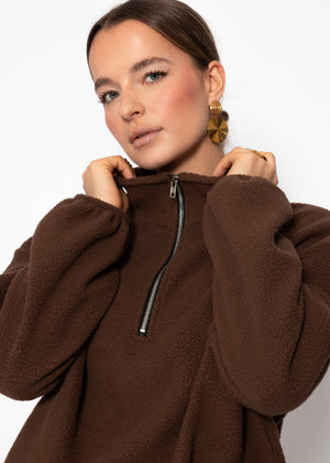 Oversized fleece sweatshirt with zipper - brown